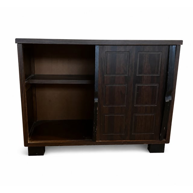 Mid-Century Modern 1970s Vintage Mid Century Modern Wooden Fold Out Dry Bar Cabinet For Sale - Image 3 of 7