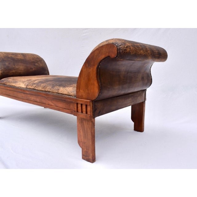 Chestnut Vintage Leather Roll Arm Bench, Carved Oak Frame, Mission Style, Usa For Sale - Image 8 of 12