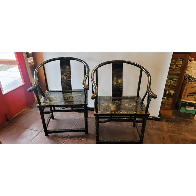 Chinese Horseshoe Chairs Black Lacquer Hand Painted Pair For Sale - Image 10 of 13