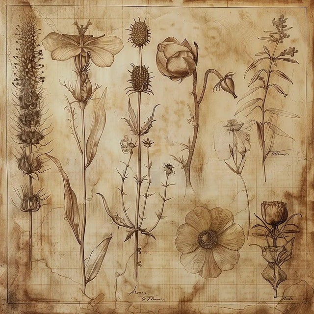 Campaign Set of 6 - 54" X 36" Gallery Wall Installation 'Monochrome Sepia Flowers' Herbarium Botanical Floral Prints, Unframed For Sale - Image 3 of 8