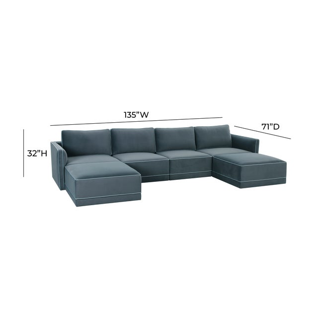 Willow Misty Blue with Pale Blue Piping Modular 6-Piece Performance Velvet U Sectional For Sale In Los Angeles - Image 6 of 6