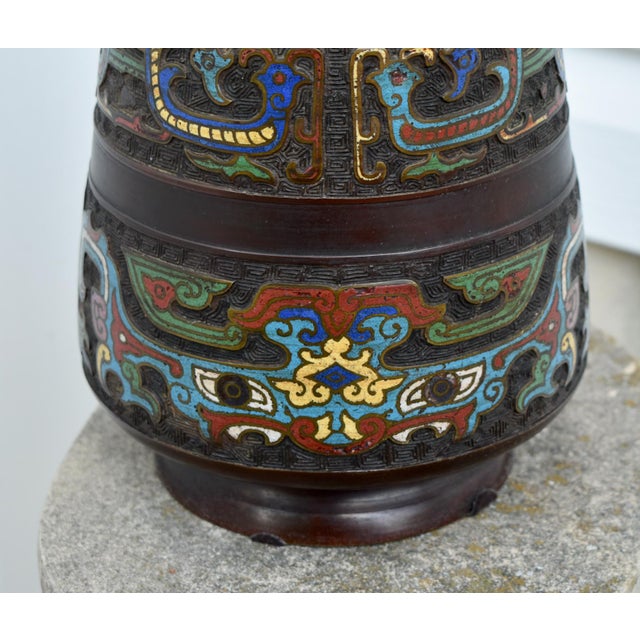 Paint Antique Japanese Shaped Vase Bronze & Champleve Enamel Base For Sale - Image 7 of 12