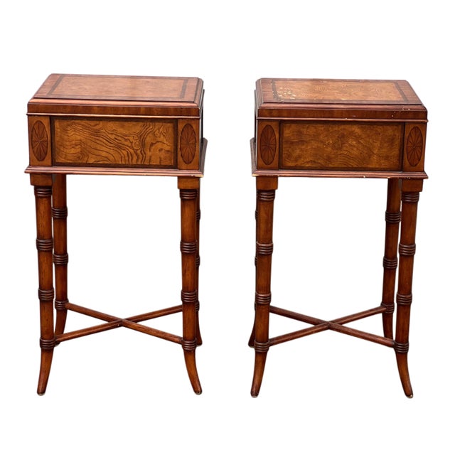 Pair Ethan Allen Faux Bamboo Burl Sofa/Bedside Tables For Sale - Image 13 of 13