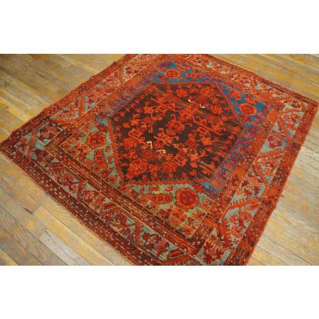 Beautiful Brown Background With Firey Reds and Sky Blue Antique Tribal and Rustic Turkish Kula Rug For Sale - Image 9 of 9
