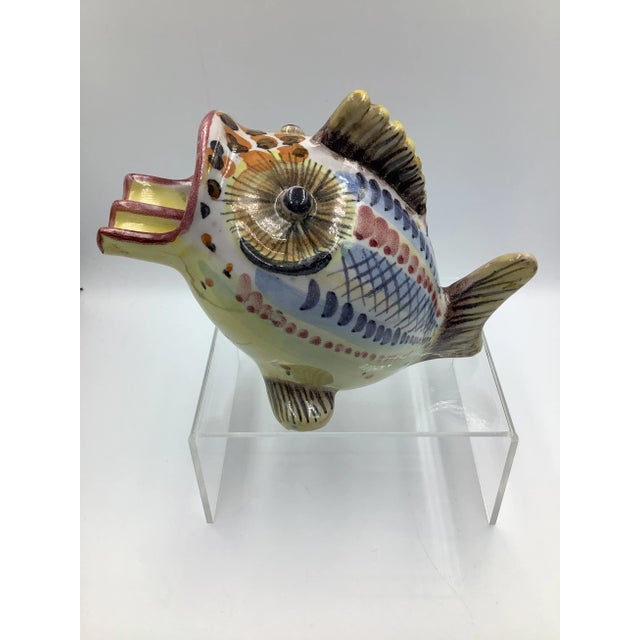 This is a fabulous and very unusual vintage artist signed, Vietri Italy, hand painted pottery whimsical fish ashtray. The...