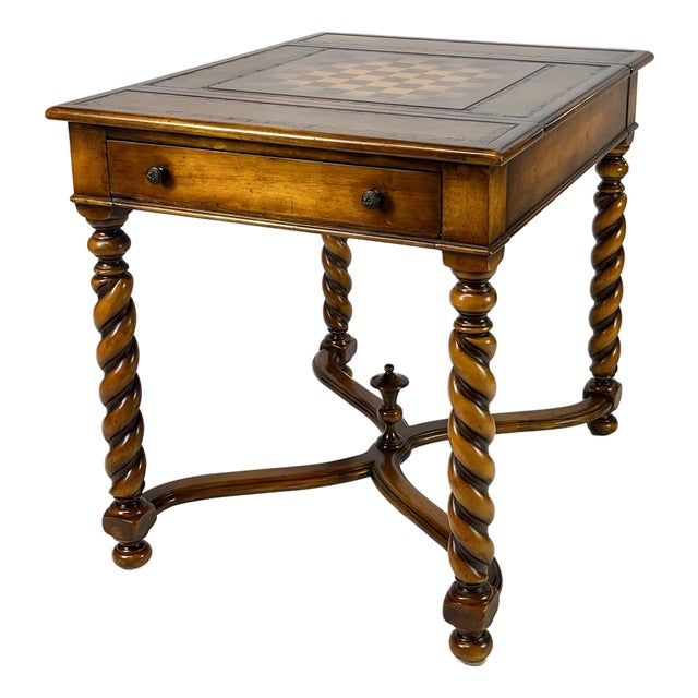 Theodore Alexander Attributed Barley Twist Game Table With Reversible Tooled Leather Top For Sale