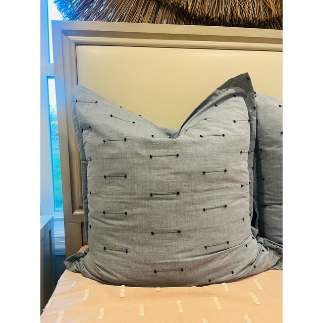 3 Euro shams with Down inserts 26" x 26" Lodi Blue fabric - 100% Cotton 1" flange edge Horizontal flap edge on back...