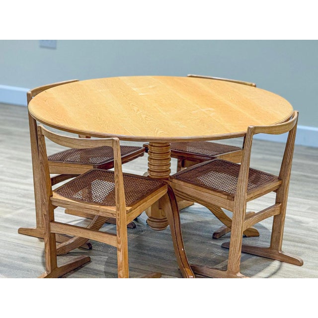 1960s Mid-Century Circular Dining Table in Elm and Chairs in Rattan, 1960s, Set of 5 For Sale - Image 5 of 12