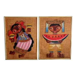Jose De Servin Mexican Paintings on Burlap - a Pair