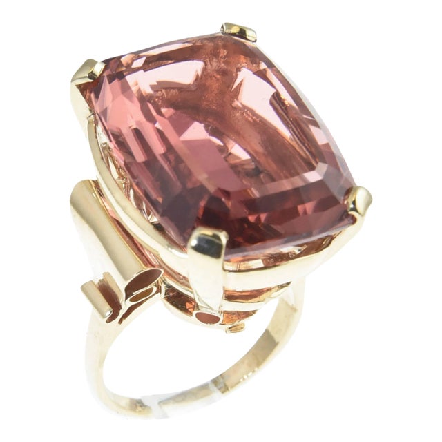 Large Rare Color Peach Pink Tourmaline Gold Cocktail Ring size 7.25 For Sale