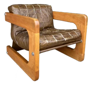 Brown Checkerboard Leather Arm Chair in the Style of Lou Hodges