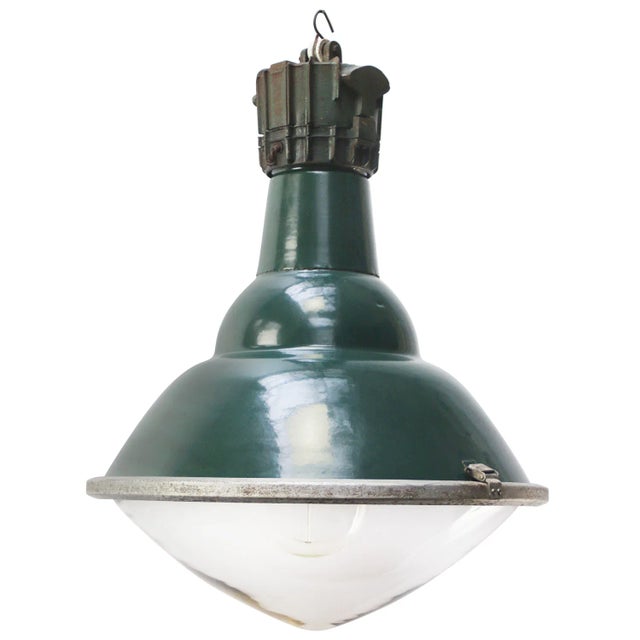 Glass Vintage Industrial French Green Cast Iron and Clear Domed Glass Pendant Lamps by Sammode For Sale - Image 7 of 7