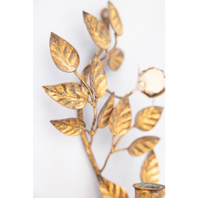 Florentine Vintage Italian Gilt Tole & White Roses Candle Sconce For Sale - Image 4 of 8