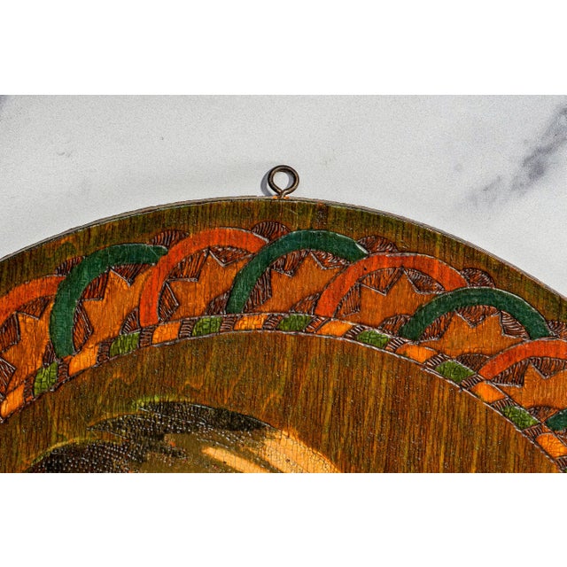1900s Native American Indian Chief Pyrography Plaque Antique Hand Painted Folk Art Wood Wall Hanging Home Decor For Sale - Image 11 of 13