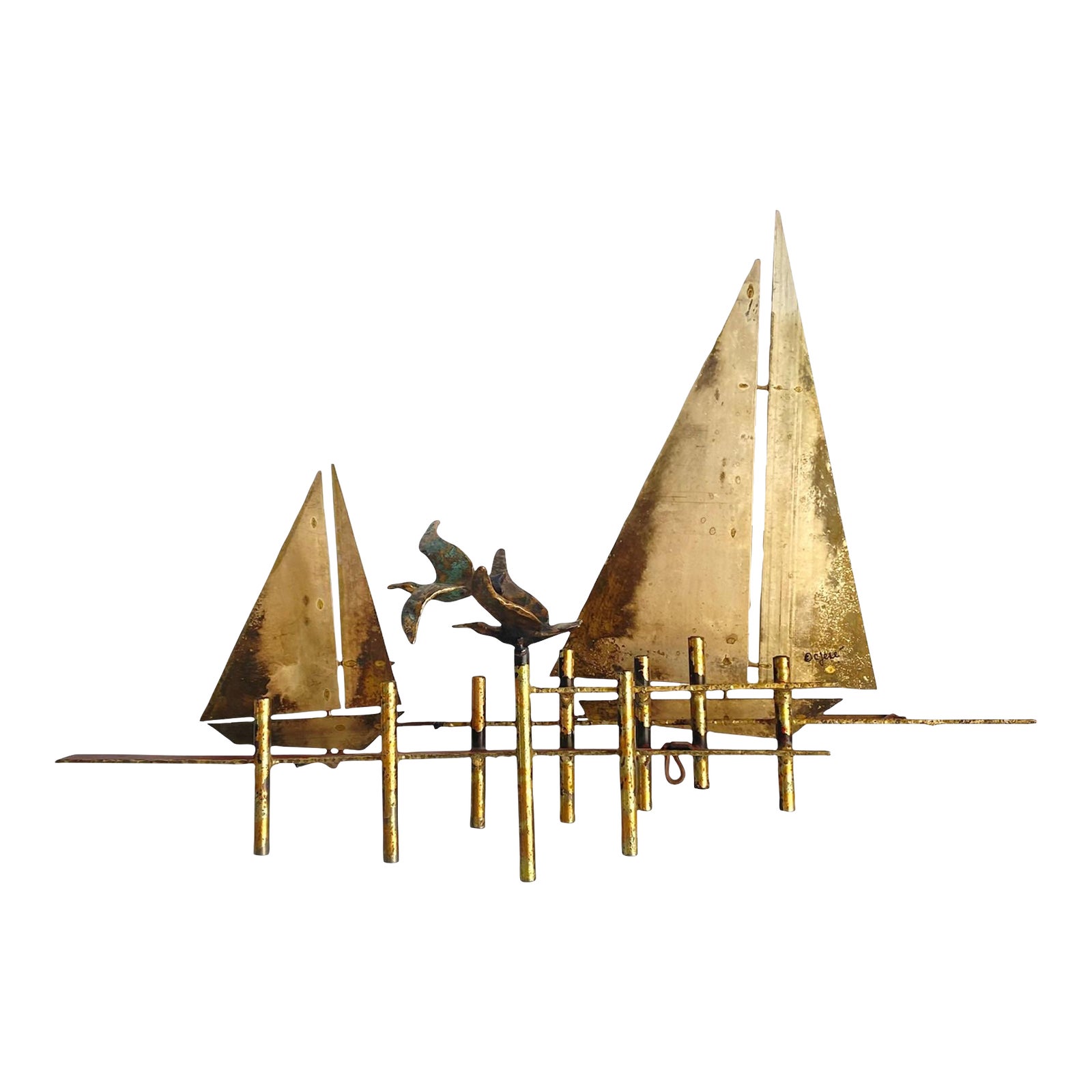 Mid Century Curtis Jere Shore Birds Metal Wall Art Sculpture Sailboat
