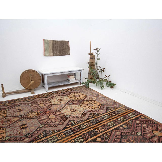 Vintage Brown Purple and Orange Turkish Kars Kilim Oversized Rug For Sale In Los Angeles - Image 6 of 7