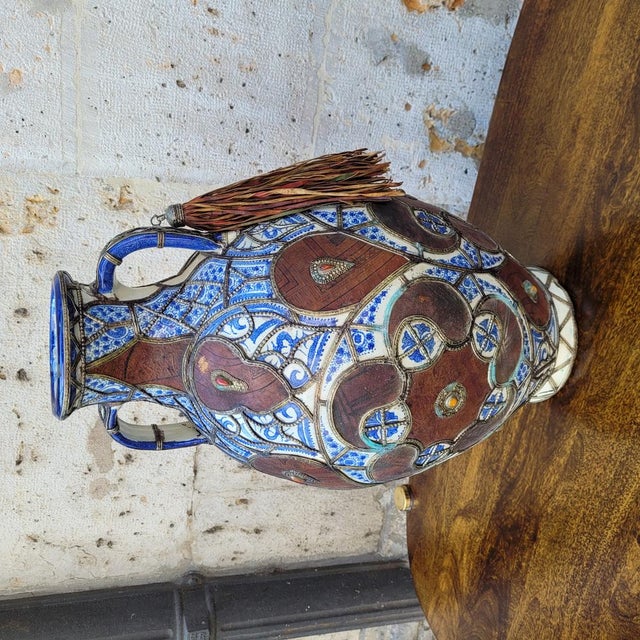 19th Century Filigree Vase in Ceramic, Leather, Enamel and Metal by Safi, Morocco For Sale - Image 11 of 18