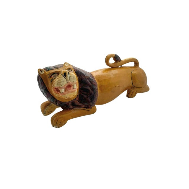 Safari Late 20th Century Safari Hand-Carved Wood Lion Figurine, Folk Art Sculpture, 6.4"h For Sale - Image 3 of 8