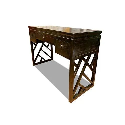 1980s Asian Dark Brown Panel Legs Writing Desk For Sale - Image 4 of 4