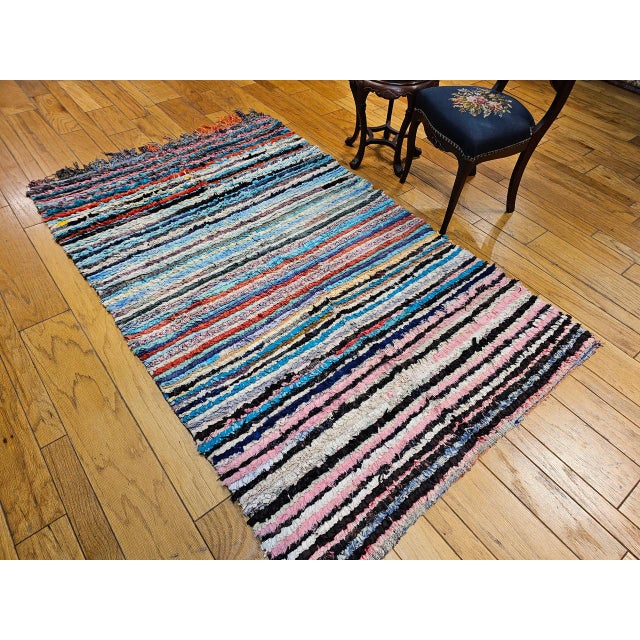 Vintage Moroccan Boucherouite Shag Area Rug, Handwoven Wool, Stripe, 5' X 7' For Sale In Chicago - Image 6 of 11