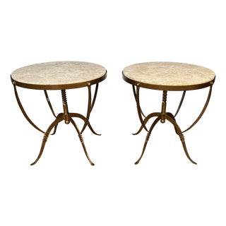 Pair of Faux Bronze Patina Wrought Iron Occasional Tables With Cut Sahara Stone Tops by Leighton Hall - Showroom Samples For Sale
