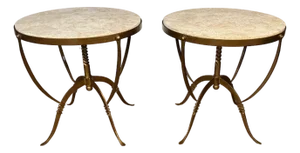 Pair of Faux Bronze Patina Wrought Iron Occasional Tables With Cut Sahara Stone Tops by Leighton Hall - Showroom Samples