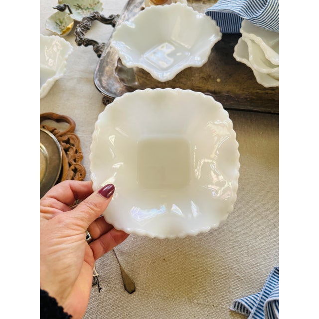 1960s MCM Hazel Atlas Diamond Cut Ruffled Milk Glass Bowls 6.25 Inch Vintage Scalloped Dessert Bowls - Set of 6 For Sale - Image 10 of 11