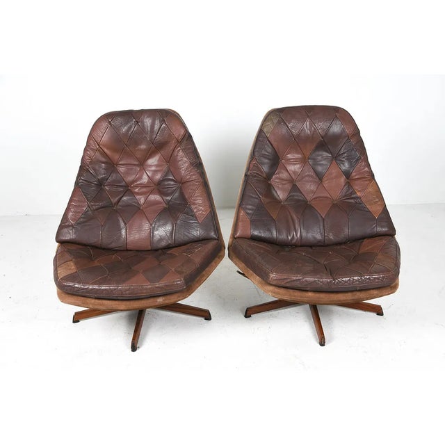 1960s Pair 1960s Patchwork Leather Swivel Lounge Chairs Attributed to Madsen and Schubell For Sale - Image 5 of 14