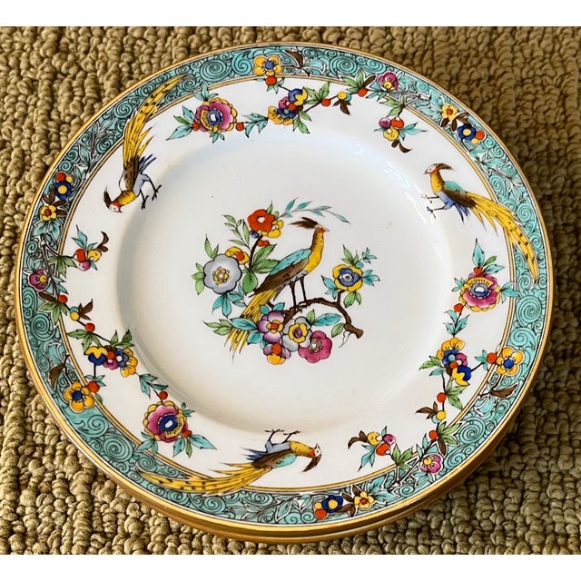 Set 5 early 20th century Minton porcelain small Chinoiserie exotic bird plates for bread or hors d'oeuvres. Measure 6 1/4"...
