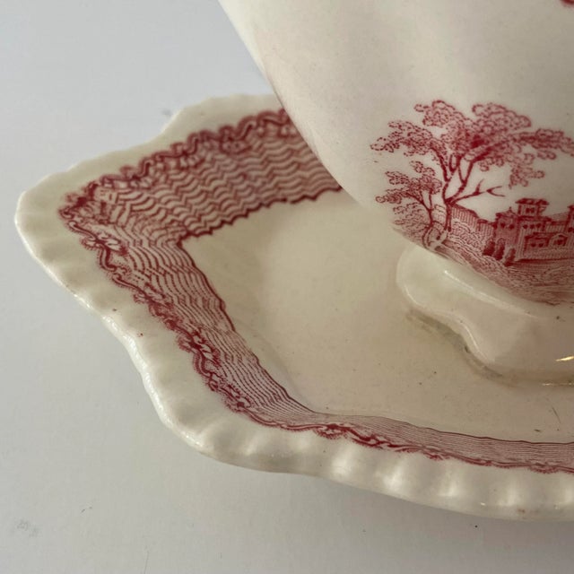 1950s 1950s Adams Mazara Red Pink Transferware Gravy Boat & Attached Underplate For Sale - Image 5 of 10