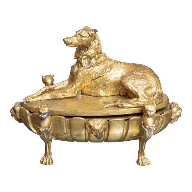 French Empire Style Gilt Bronze Inkwell With Borzoi Finial, 19th Century For Sale