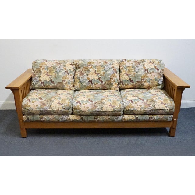 Mission Flexsteel Quarter Sawn Oak Mission Style 82" Sofa W. Floral Upholstered Cushions For Sale - Image 3 of 10
