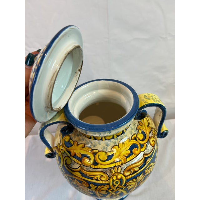 Ceramic 1990s Italian Hand-Painted Blue Urn With Scrolled Handles For Sale - Image 7 of 12