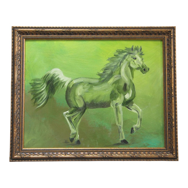 Horse Impressionism English Traditional Surrealism Green Original Oil Painting by Cleo Plowden For Sale