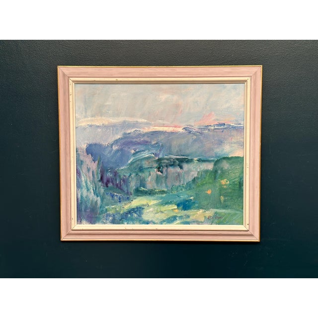 Original Mid Century Swedish Oil on Canvas – “Landscape” by Pia Oom – Framed 71 × 62 cm(28" × 24.4") A refined mid‑century...