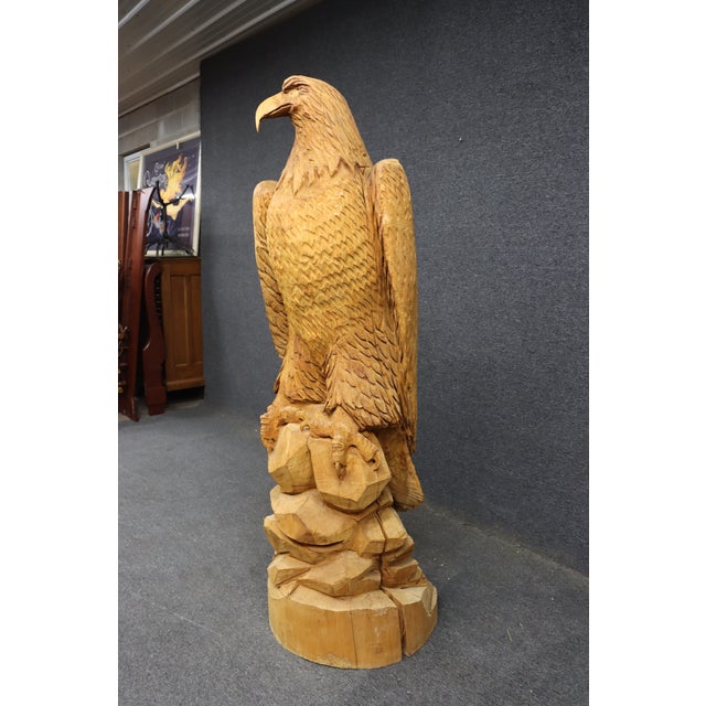 Rustic Large Hand-Carved Pine Bald Eagle Sculpture on Saw-Cut Base For Sale - Image 3 of 13