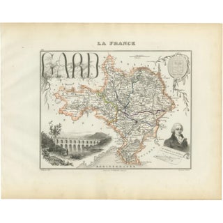 Map of Gard France with Pont Du Gard and Wine Regions by Vuillemin, 1800s For Sale