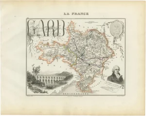 Map of Gard France with Pont Du Gard and Wine Regions by Vuillemin, 1800s