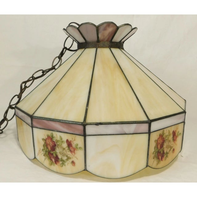 Vintage C1970s Signed Yellow Caramel & Purple Lilac Swirl Slag Glass Floral Pendant Light Chandelier For Sale - Image 9 of 12