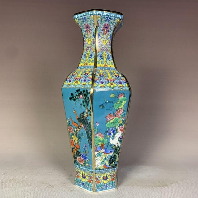 Mid 20th Century Mid 20th Century Striking Turquoise-Ground Famille Rose Hexagonal Porcelain Vase With Bird & Floral Motifs For Sale - Image 5 of 7