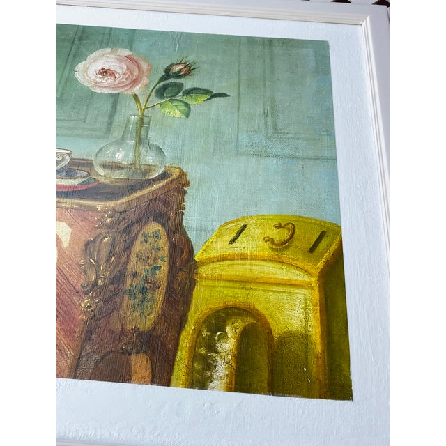 Green 1980s Louis Tessier, a Marmoset Monkey Taking Sweets on a Painted Commode Giclée Reproduction Print on Canvas in Lattice Frame For Sale - Image 8 of 11