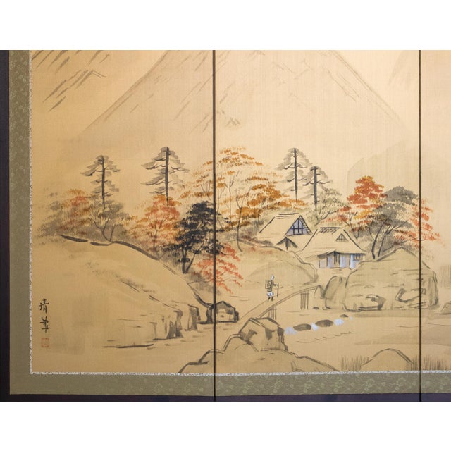 1960s 1960s Shōwa Era Japanese Silk Byobu Screen "Mountain Landscape With Houses" For Sale - Image 5 of 17