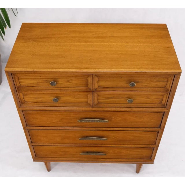 Light Walnut Hammered Brass Pulls 5 Drawer Chest of Drawers Dresser For Sale - Image 12 of 13