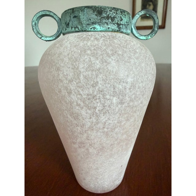 Pair of Scavo Murano-Style Glass Vessels Bud Vases Pink Verdigris Metal Handles For Sale - Image 18 of 18