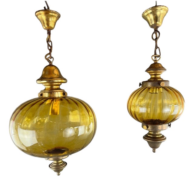 20th Century Amber Blown Glass Lantern Pendant Lights, Set of 2 For Sale