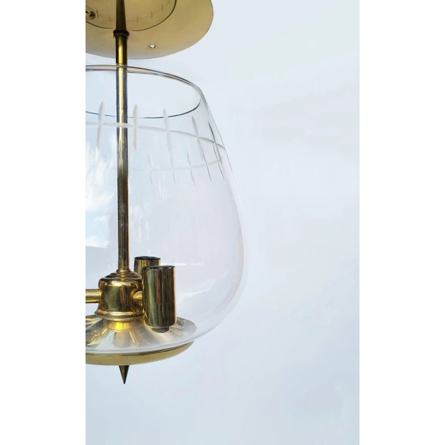 Mid 20th Century Large Semi Flush Mount Brass Pendant Lights With Cut Glass Design Globes - Set of 3 For Sale In Detroit - Image 6 of 10