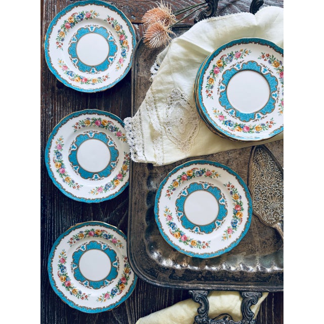 Vintage Crown Staffordshire Lyric Tunis Blue Fine Bone China – 6 Small Teacups & Saucers – 12 Piece Set – England For Sale - Image 9 of 12