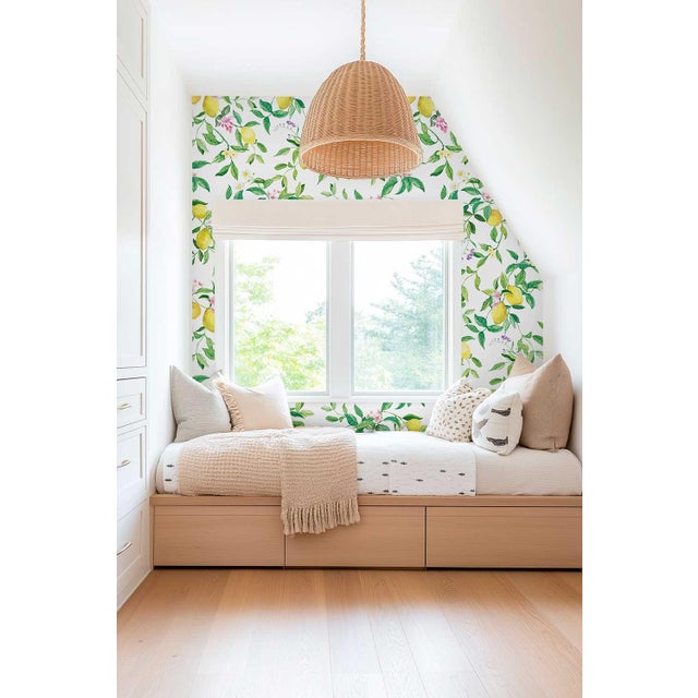 Limoncello Floral & Lemon Grasscloth Wallpaper by House Party | White Blossom | 8 Yards For Sale - Image 4 of 7