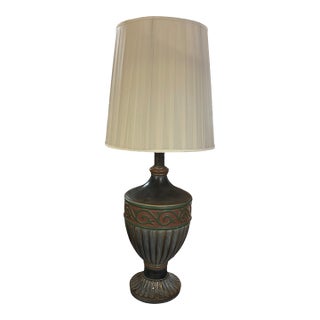 Large Hand-Painted Neoclassical Urn Table Lamp With Green & Terracotta Scrollwork For Sale