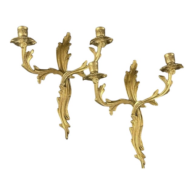 1960s Pair of Antique French Rococo Style Gilt Brass Candelabras Wall Candle Sconces For Sale